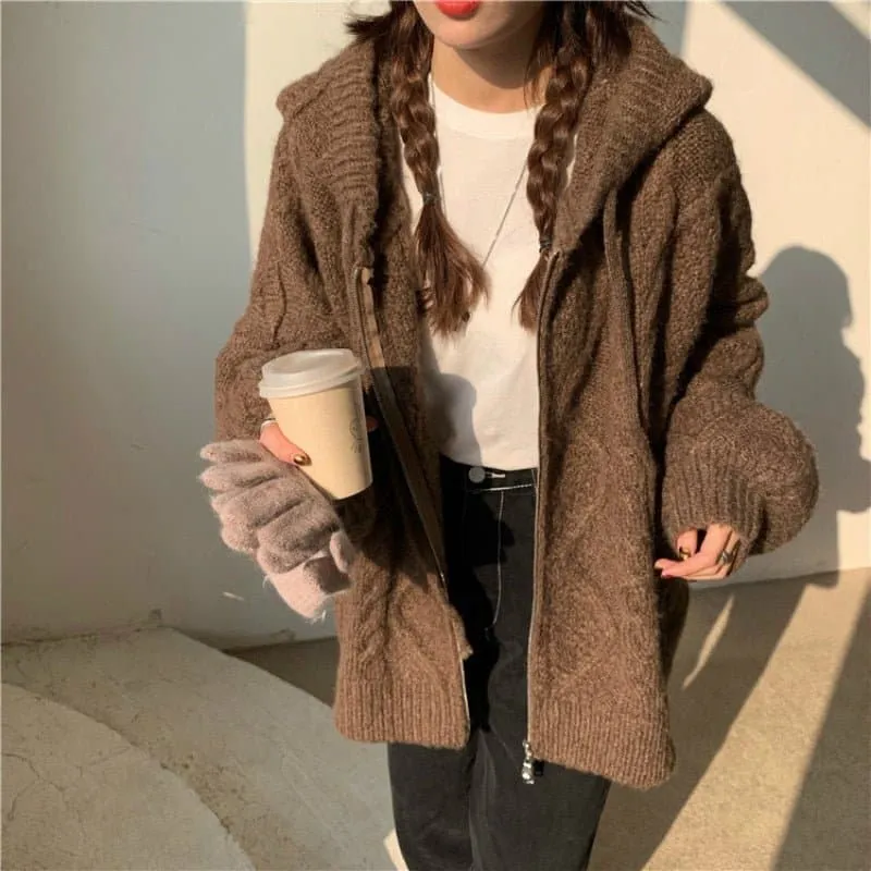 Oversize Knitted Cardigan - Cozy Hooded Collar & Puff Sleeves