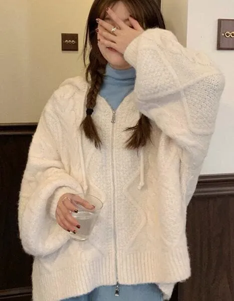 Oversize Knitted Cardigan - Cozy Hooded Collar & Puff Sleeves