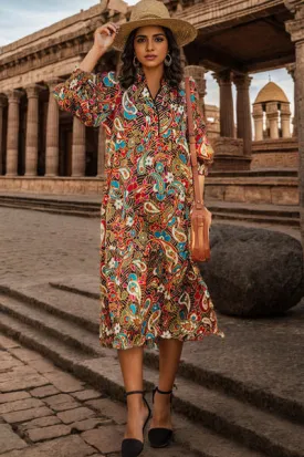 Printed Surplice Lantern Sleeve Midi Dress