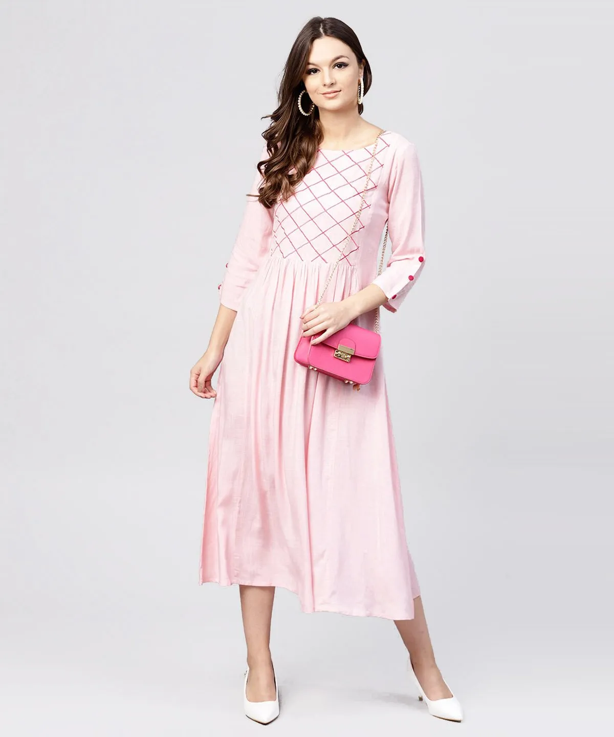 Rayon Pink Embroidered Full Sleeves Pleated Maxi Dress