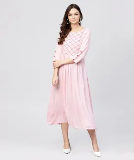 Rayon Pink Embroidered Full Sleeves Pleated Maxi Dress