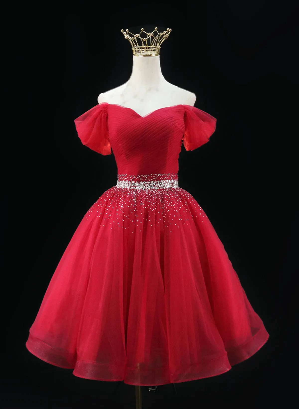 Red Tulle Beaded Off Shoulder Homecoming Dress, Red Sweetheart Prom Dress