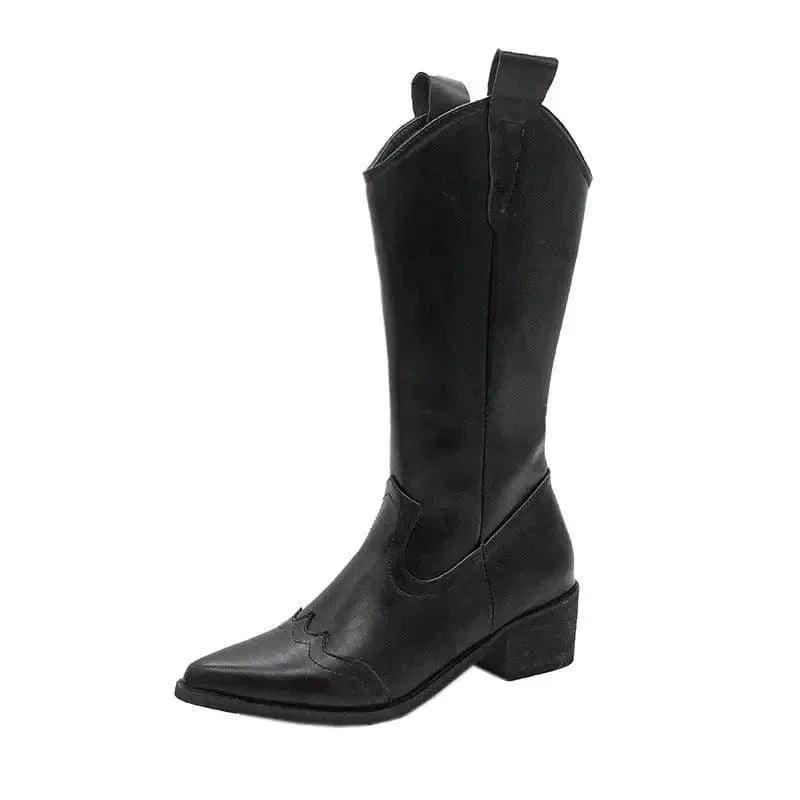 Retro Pointed Toe Thick Heel High Boots Women