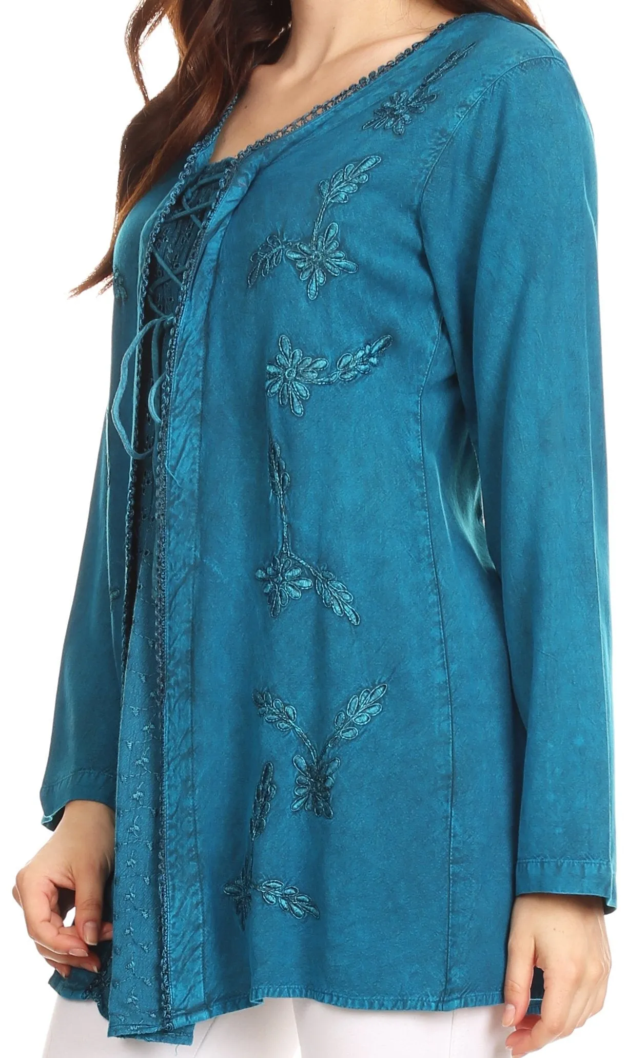 Sakkas Caylyan Long Adjustable Embroidered Long Sleeve Blouse With Corset Top