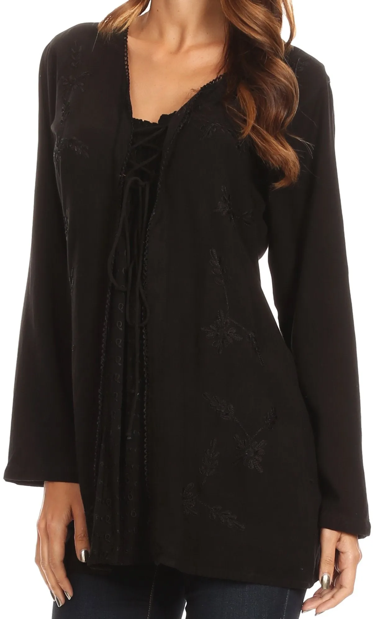 Sakkas Caylyan Long Adjustable Embroidered Long Sleeve Blouse With Corset Top