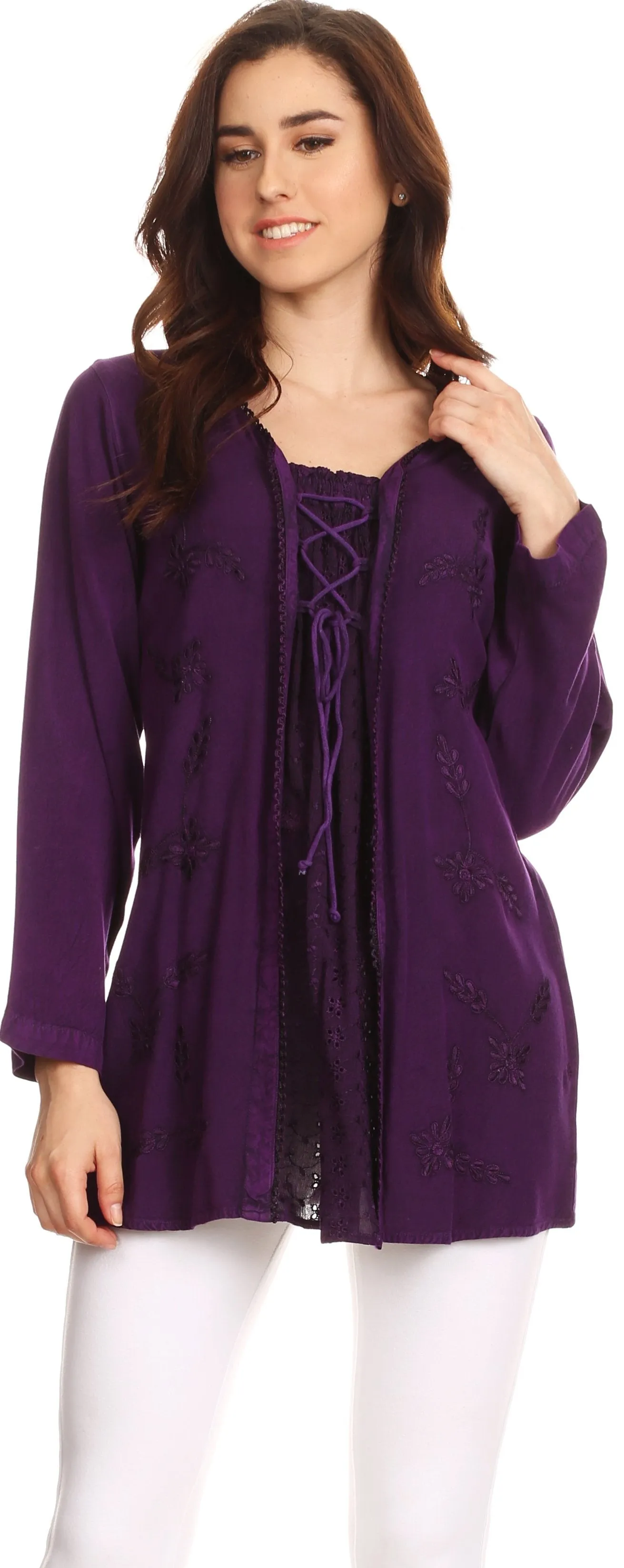 Sakkas Caylyan Long Adjustable Embroidered Long Sleeve Blouse With Corset Top