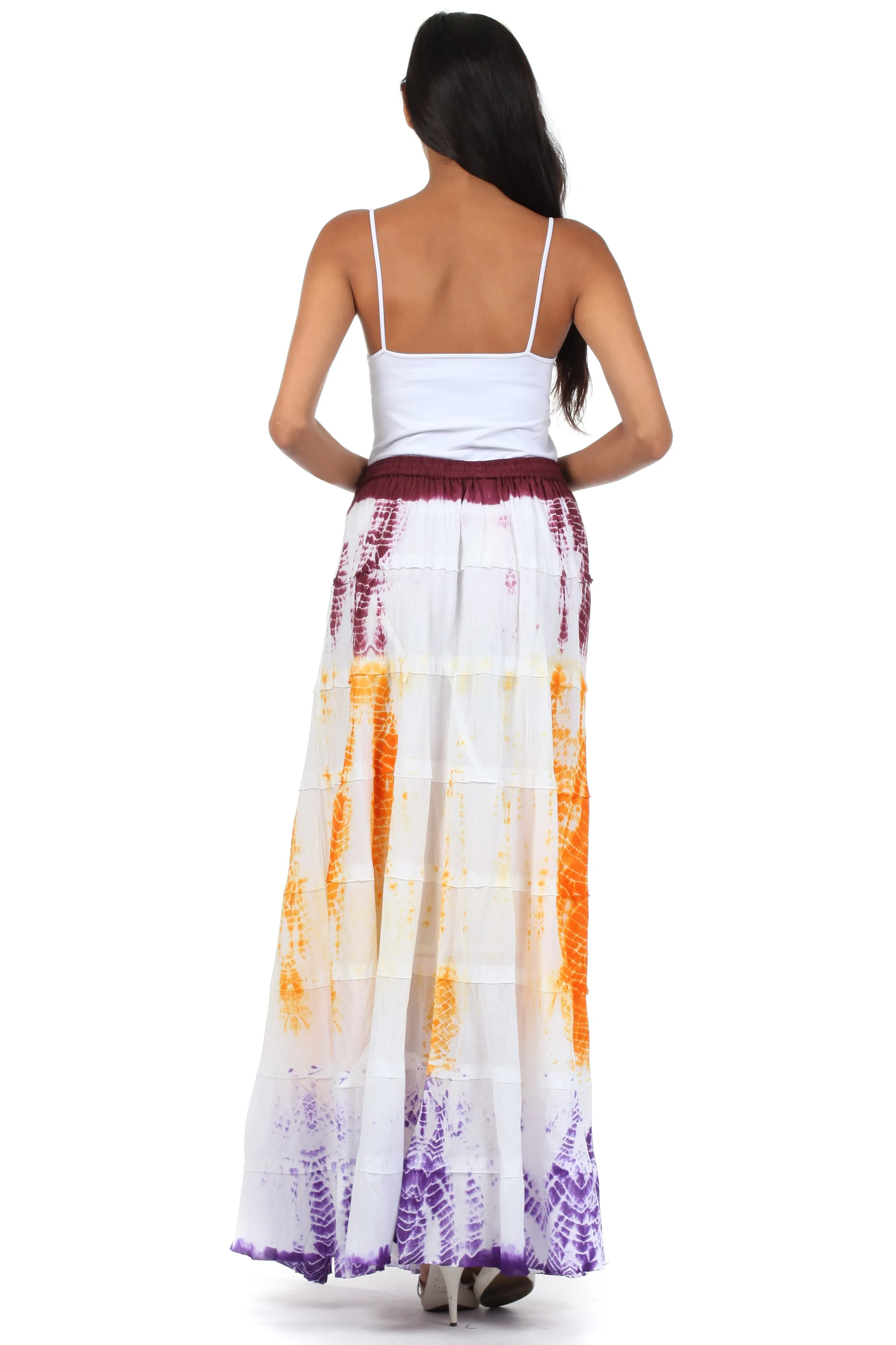 Sakkas Raw Edge Tie Dye Gypsy Boho Peasant Long Cotton Skirt