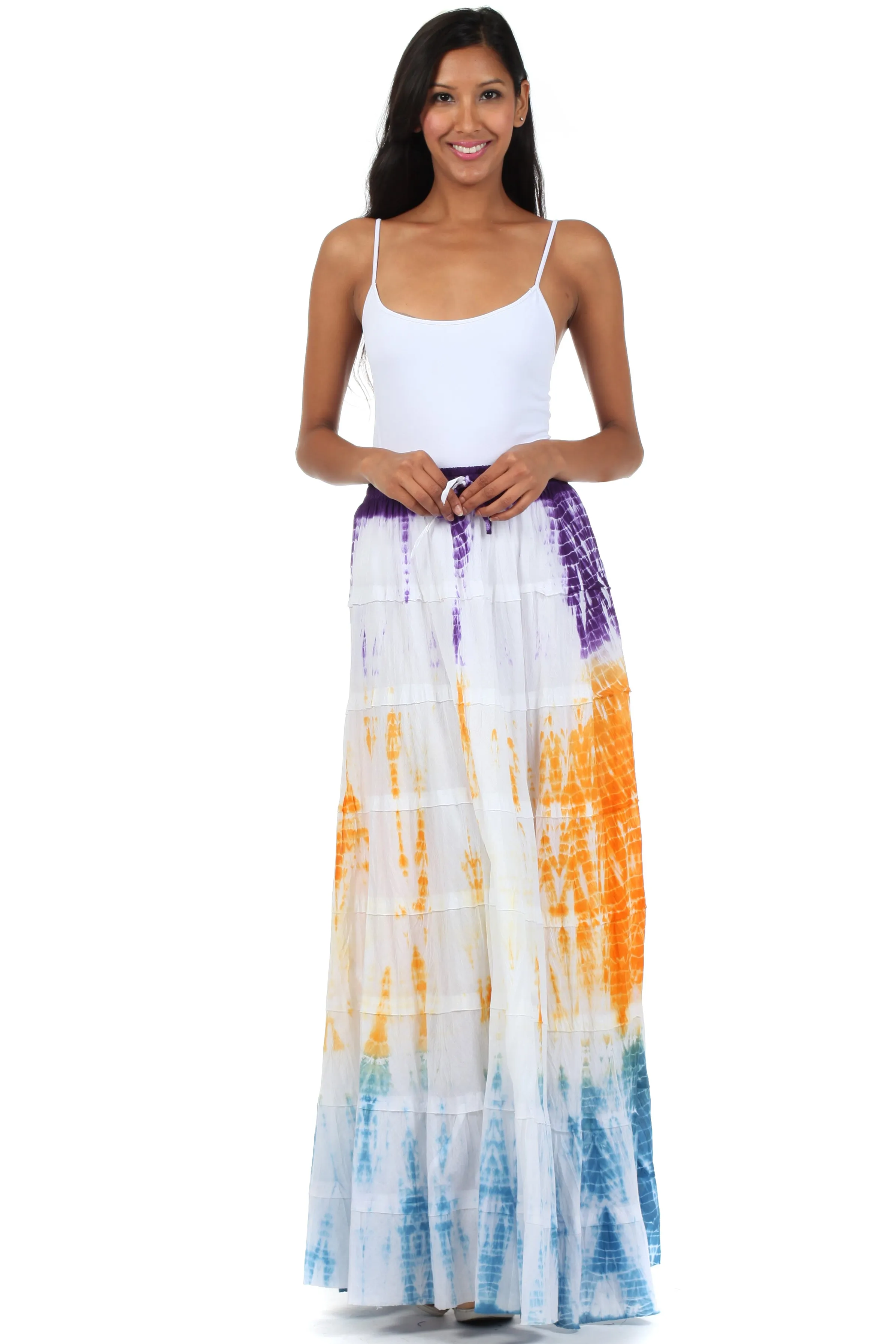 Sakkas Raw Edge Tie Dye Gypsy Boho Peasant Long Cotton Skirt