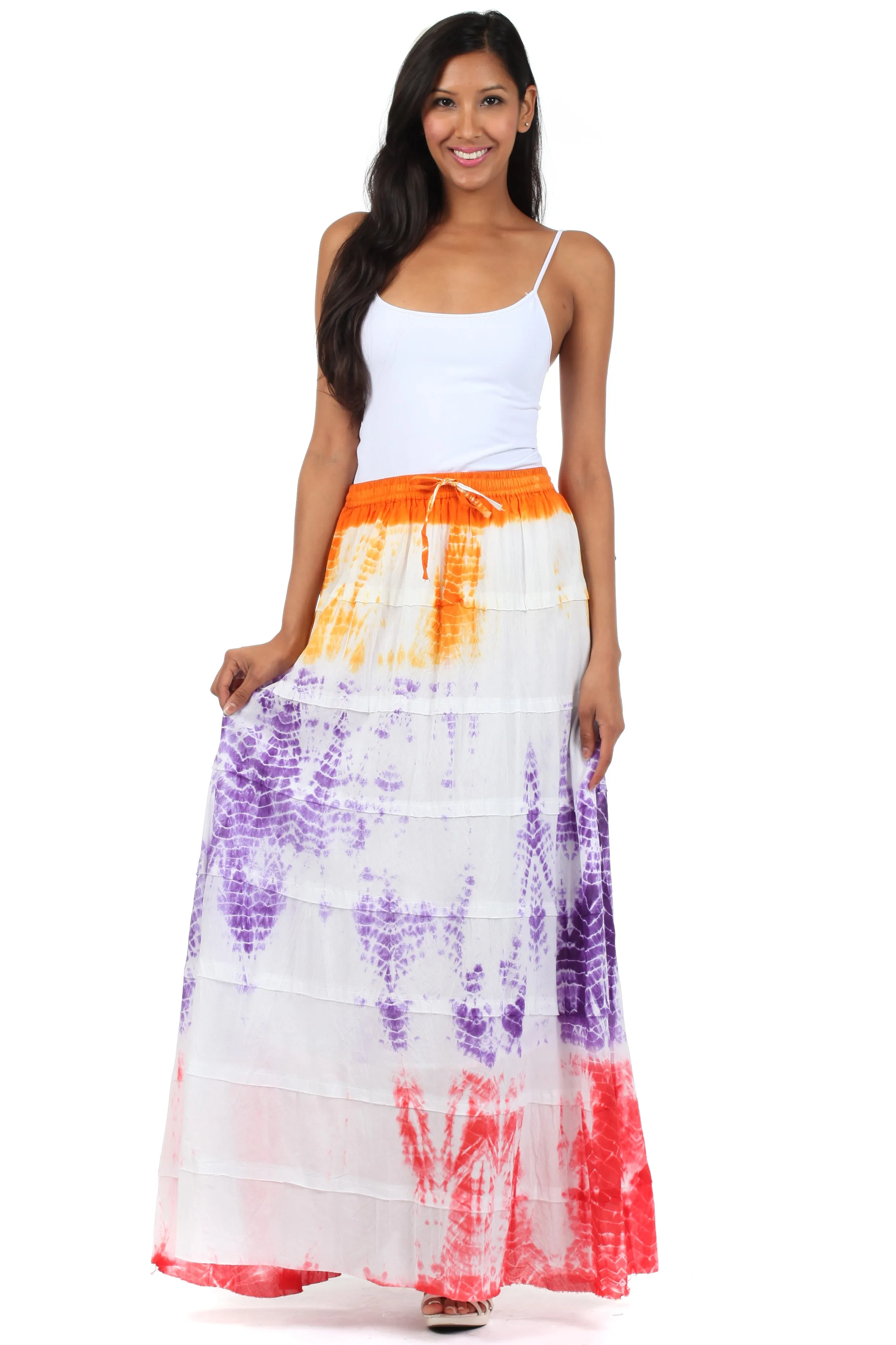 Sakkas Raw Edge Tie Dye Gypsy Boho Peasant Long Cotton Skirt