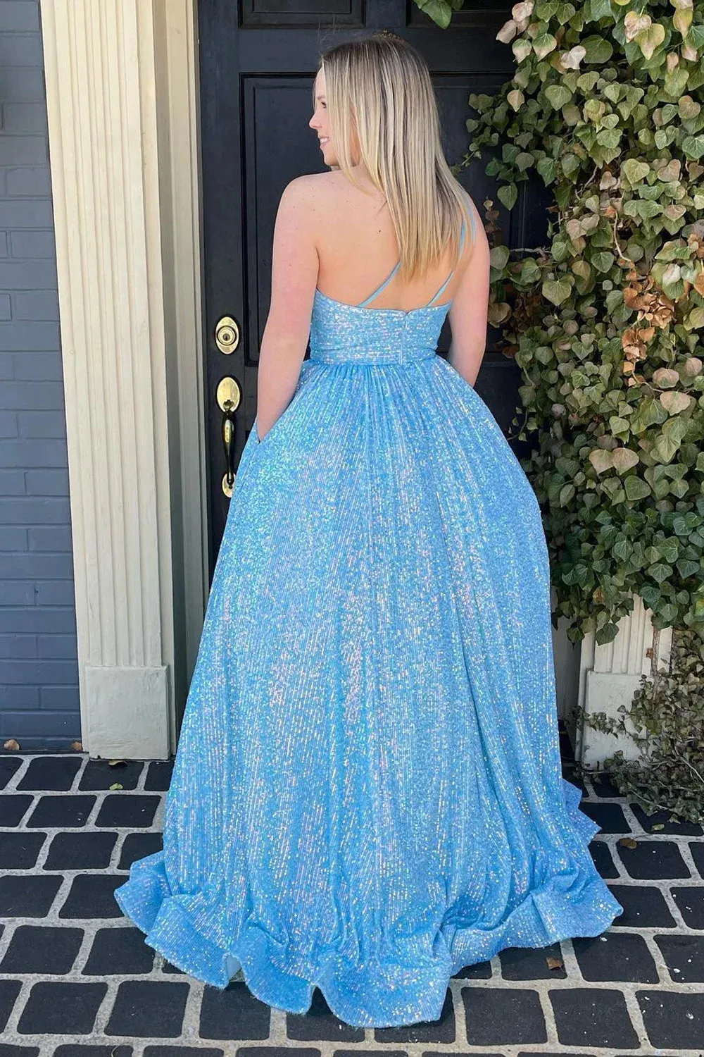 Sparkly Plus Size Light Blue One Shoulder A Line Sequins Prom Dress PSK465