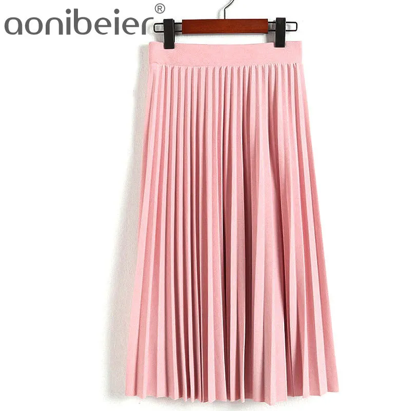 Spring Autumn New 2017 Fashion Women's High Waist Pleated Solid Color Length Elastic Skirt Promotions Lady Black Pink Party