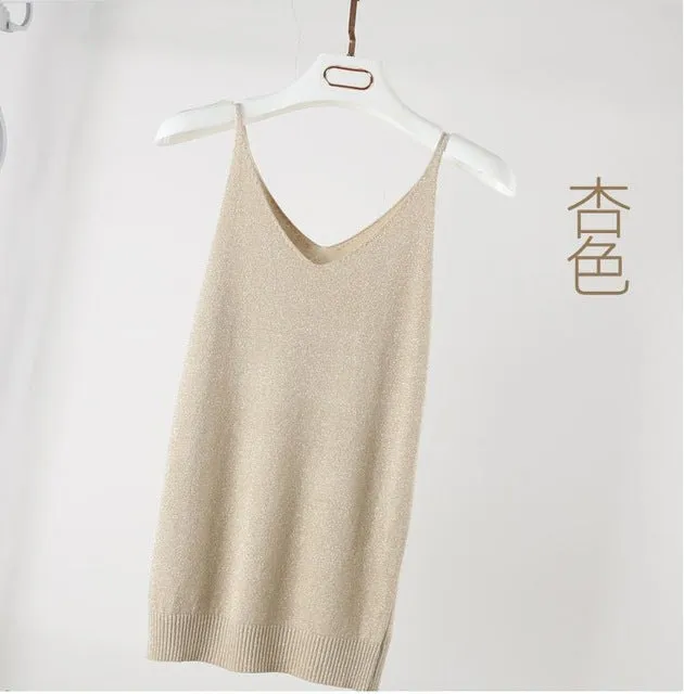 Summer Women Fashion Slim Knitting Tank Tops Female Bodycon Camisole Sleeveless T shirts With Shinning Rayon Knitted