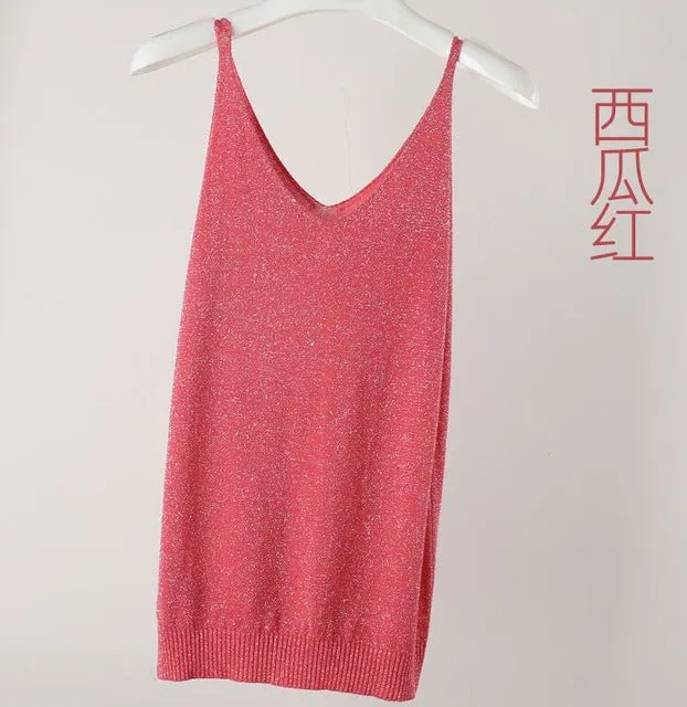 Summer Women Fashion Slim Knitting Tank Tops Female Bodycon Camisole Sleeveless T shirts With Shinning Rayon Knitted