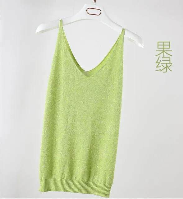 Summer Women Fashion Slim Knitting Tank Tops Female Bodycon Camisole Sleeveless T shirts With Shinning Rayon Knitted