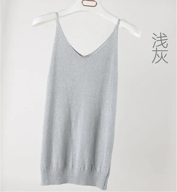 Summer Women Fashion Slim Knitting Tank Tops Female Bodycon Camisole Sleeveless T shirts With Shinning Rayon Knitted