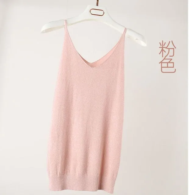 Summer Women Fashion Slim Knitting Tank Tops Female Bodycon Camisole Sleeveless T shirts With Shinning Rayon Knitted