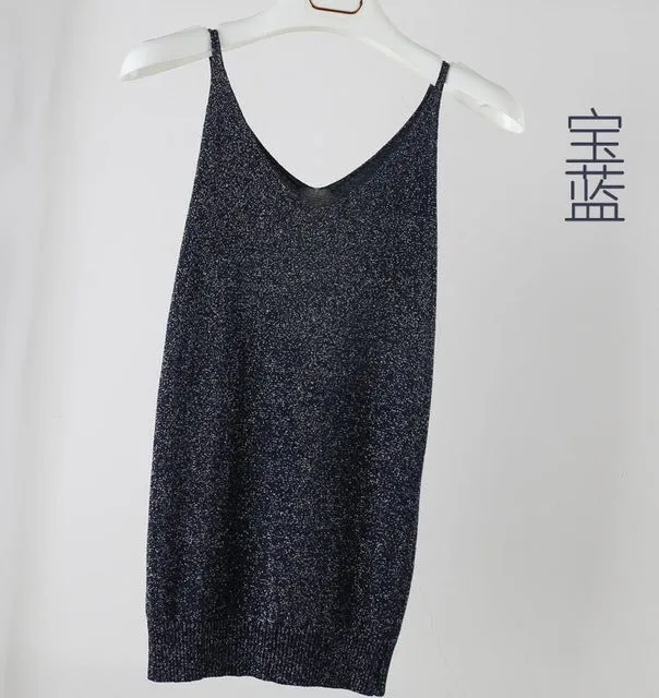 Summer Women Fashion Slim Knitting Tank Tops Female Bodycon Camisole Sleeveless T shirts With Shinning Rayon Knitted