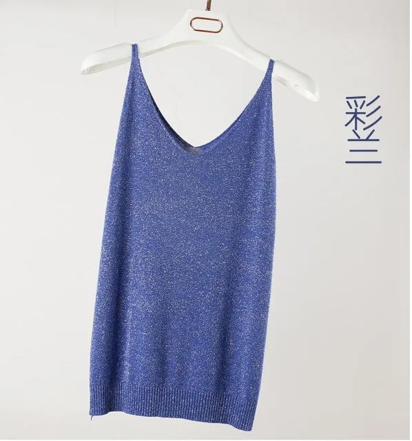 Summer Women Fashion Slim Knitting Tank Tops Female Bodycon Camisole Sleeveless T shirts With Shinning Rayon Knitted