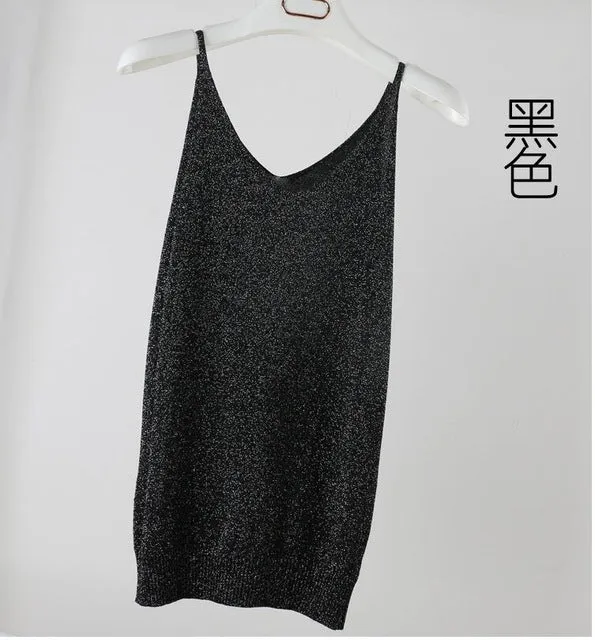 Summer Women Fashion Slim Knitting Tank Tops Female Bodycon Camisole Sleeveless T shirts With Shinning Rayon Knitted