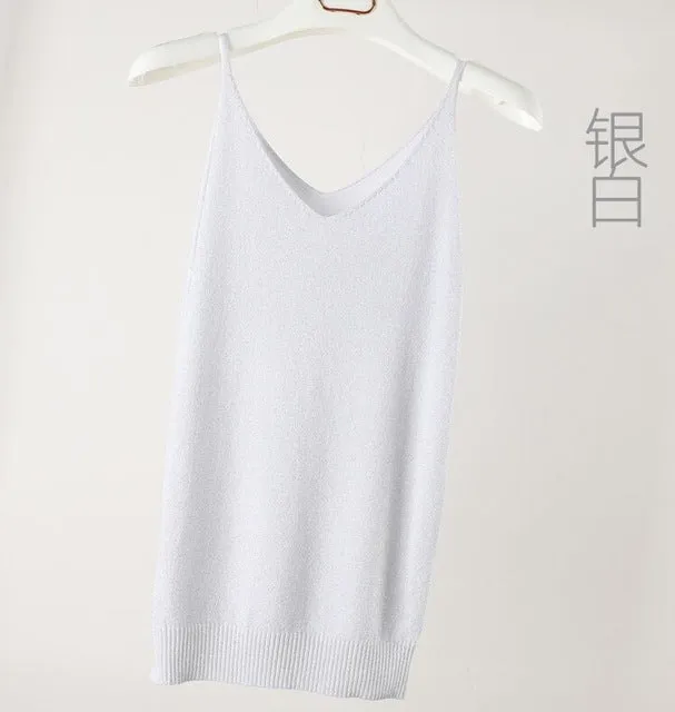 Summer Women Fashion Slim Knitting Tank Tops Female Bodycon Camisole Sleeveless T shirts With Shinning Rayon Knitted