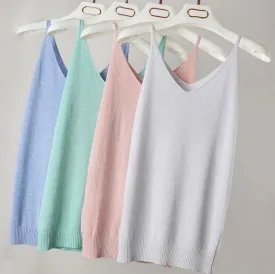 Summer Women Fashion Slim Knitting Tank Tops Female Bodycon Camisole Sleeveless T shirts With Shinning Rayon Knitted