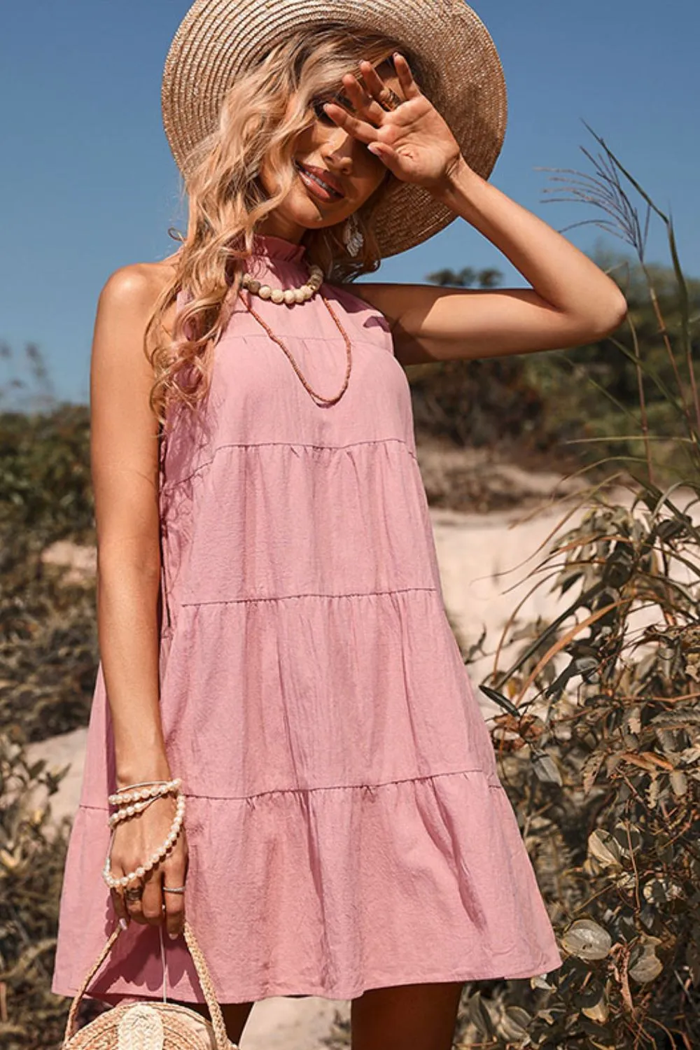 Tie Back Sleeveless Tiered Dress