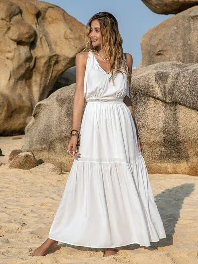 V-Neck Tie Shoulder Crochet Maxi Dress