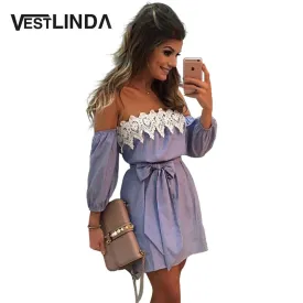 VESTLINDA Off Shoulder Blue Striped White Applique Mini Dress Women Slash Neck Lantern Sleeve Casual Sexy Short Dress With Belt