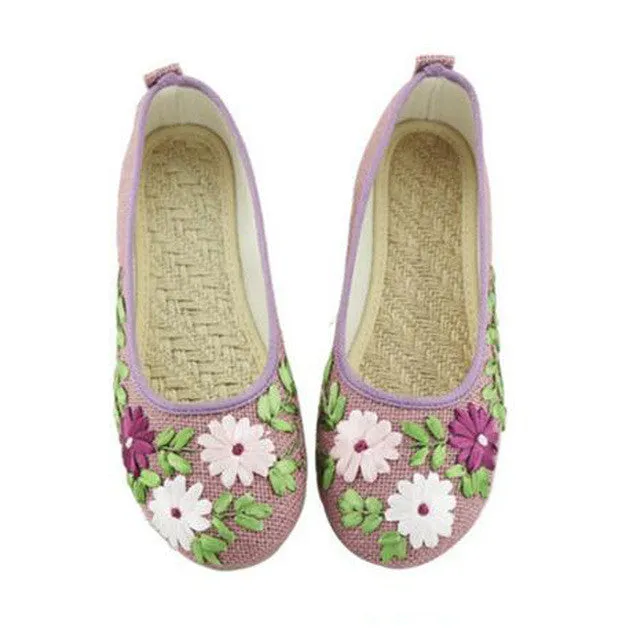 Vintage Embroidered Women Flats Flower Slip On Cotton Fabric Linen Comfortable Old Peking Ballerina Flat Shoes Sapato Feminino