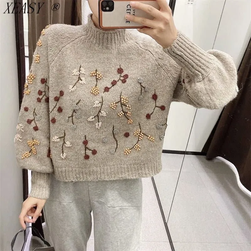 Vintage Floral Embroidered Knitted Sweater - Cozy Winter Fashion