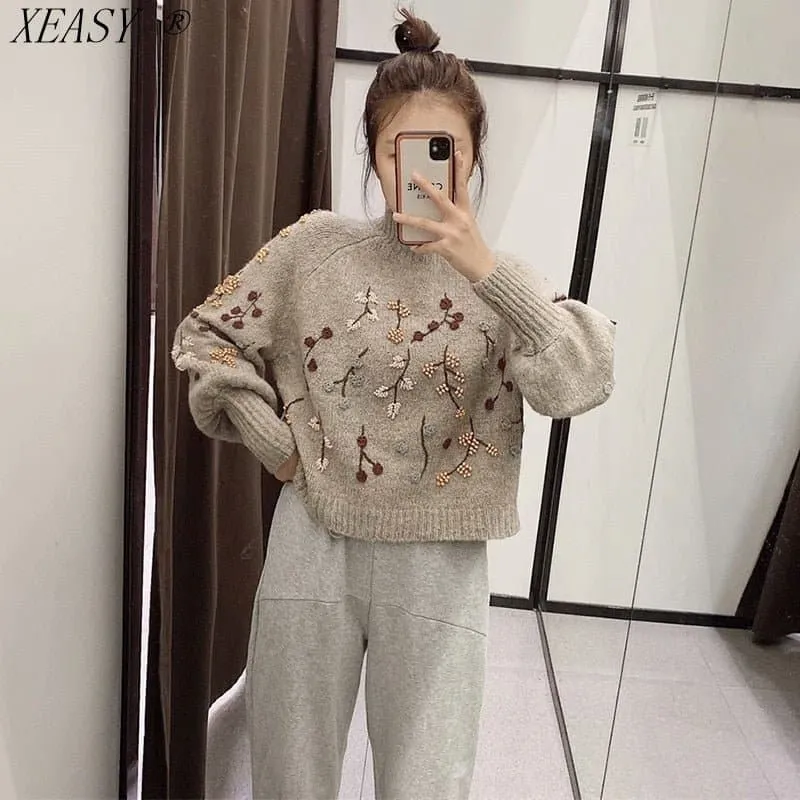 Vintage Floral Embroidered Knitted Sweater - Cozy Winter Fashion