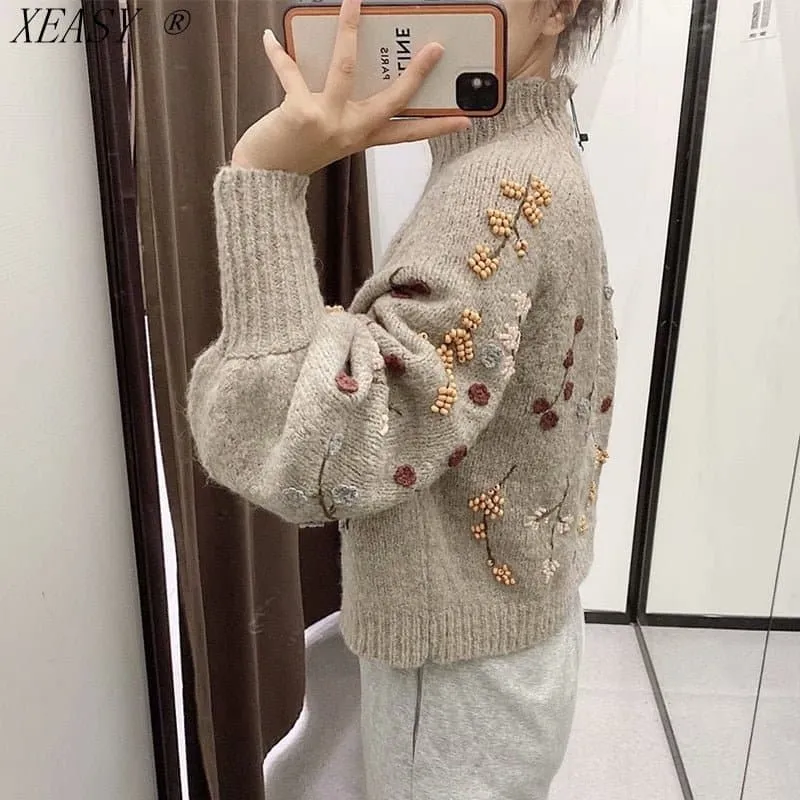 Vintage Floral Embroidered Knitted Sweater - Cozy Winter Fashion