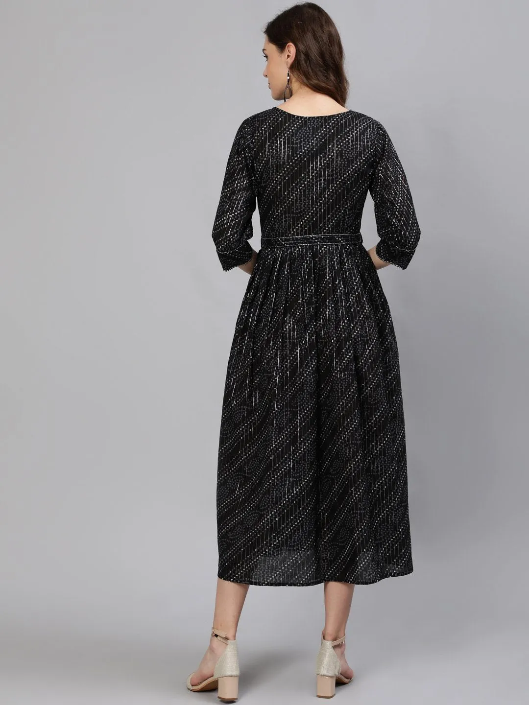 Women Black Embroidered Dress With Three Quarter Sleeves