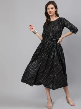 Women Black Embroidered Dress With Three Quarter Sleeves