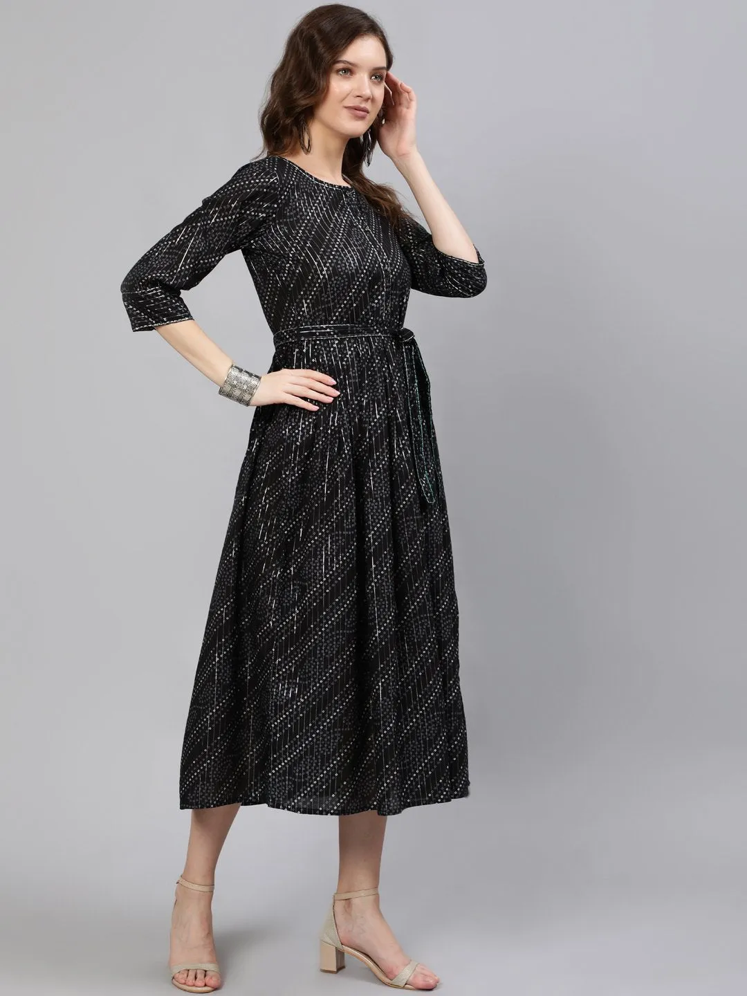 Women Black Embroidered Dress With Three Quarter Sleeves