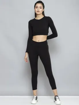 Women Black Rib Active Crop Top With Tights