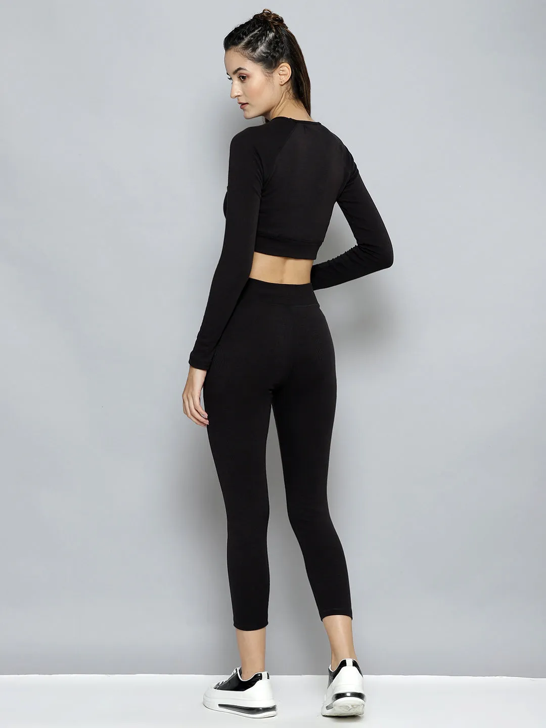 Women Black Rib Active Crop Top With Tights