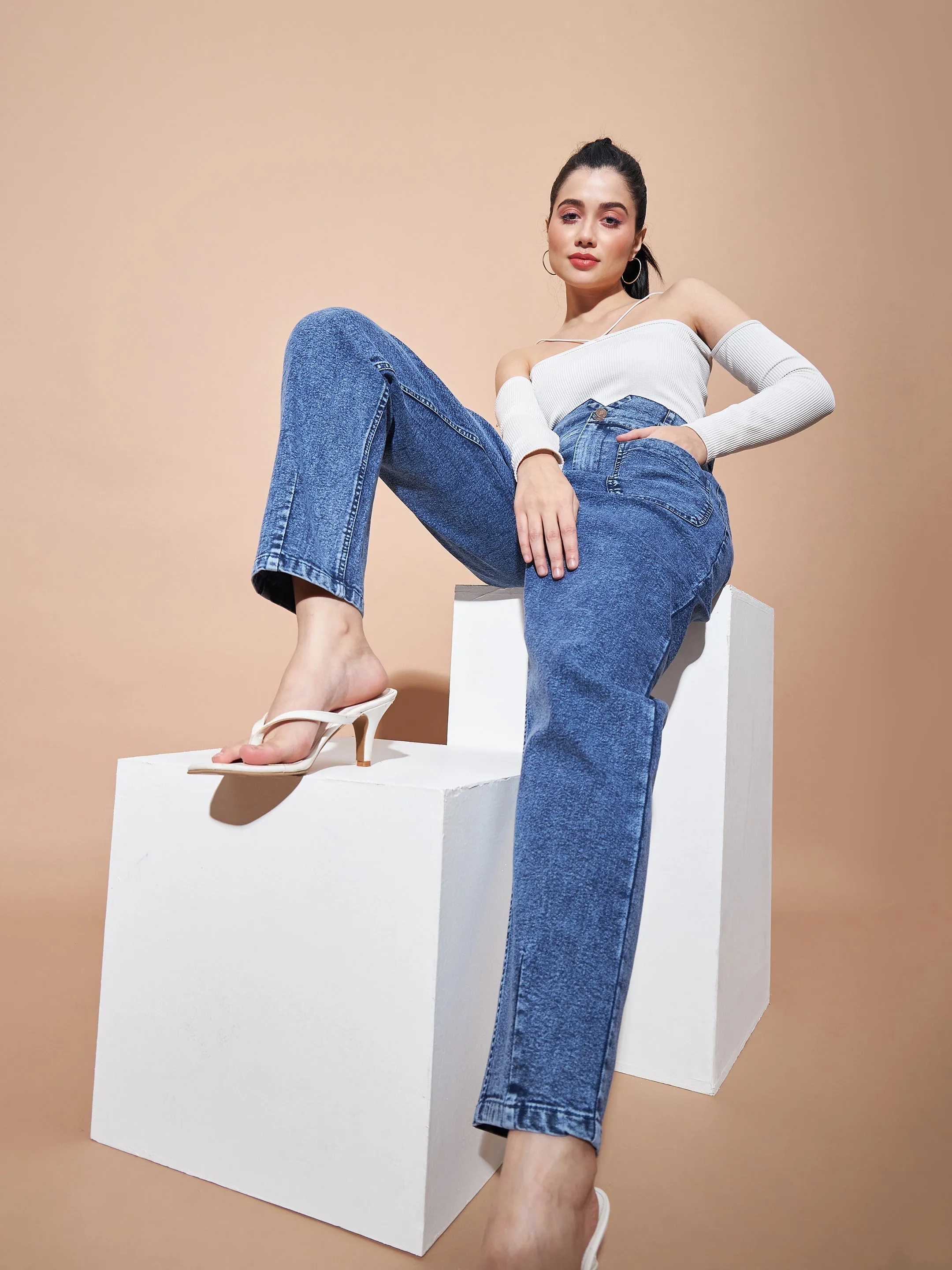 Women Blue High PaperBagWaist Baggy Jeans