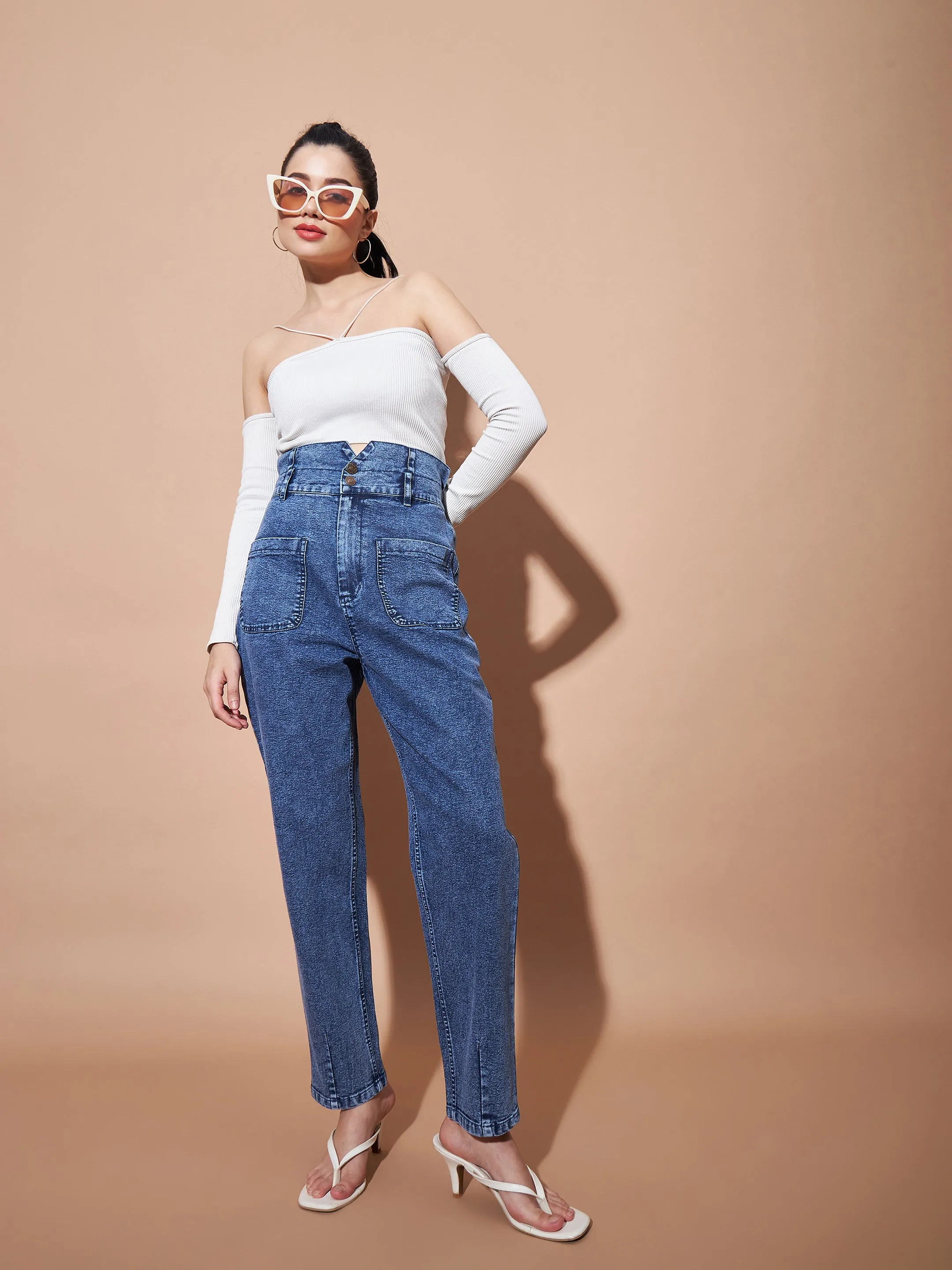 Women Blue High PaperBagWaist Baggy Jeans