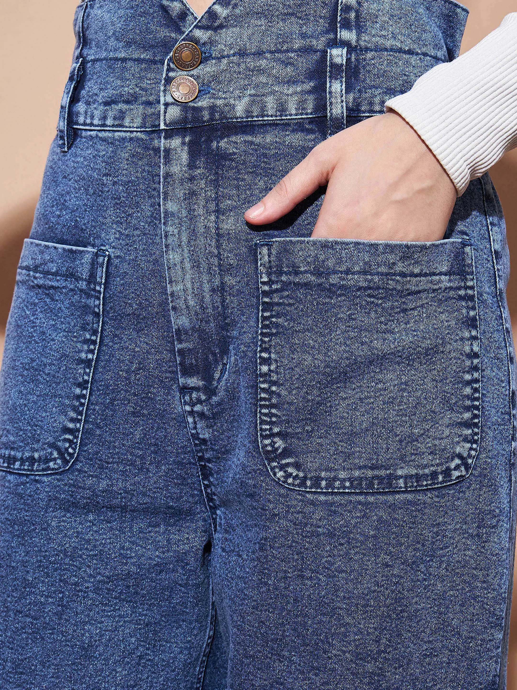 Women Blue High PaperBagWaist Baggy Jeans