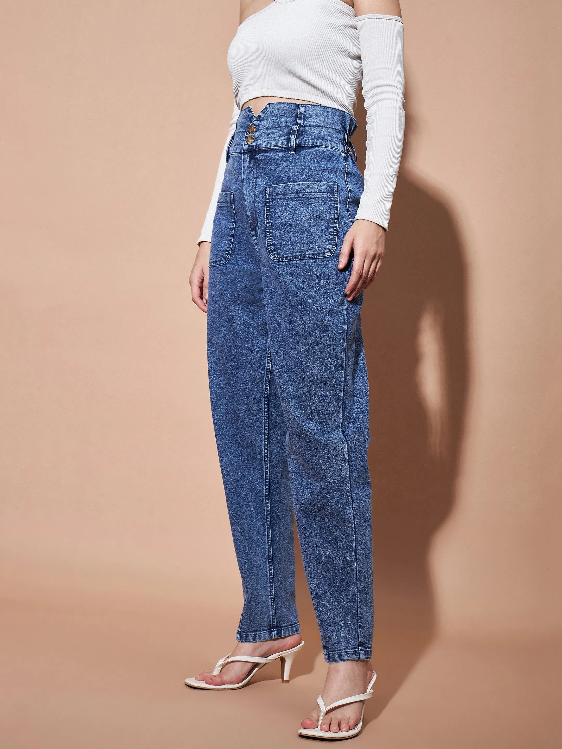 Women Blue High PaperBagWaist Baggy Jeans