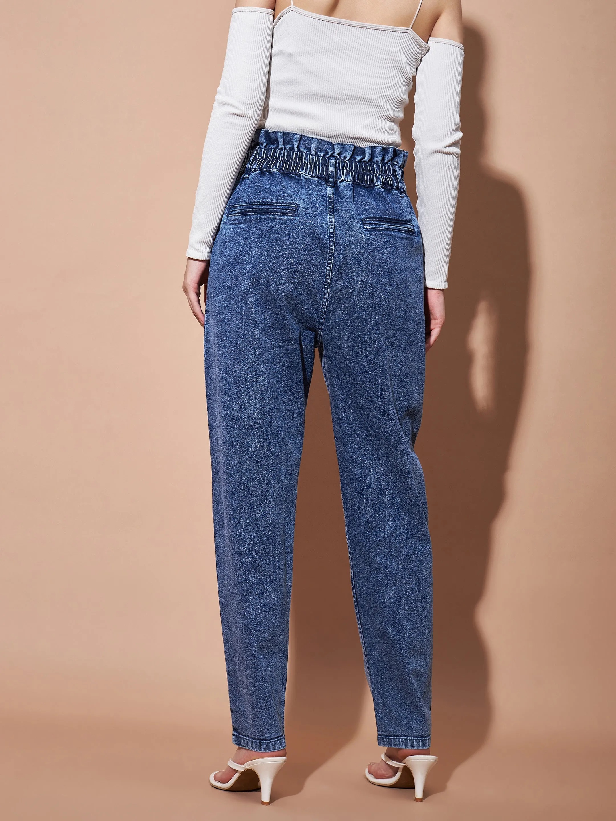 Women Blue High PaperBagWaist Baggy Jeans