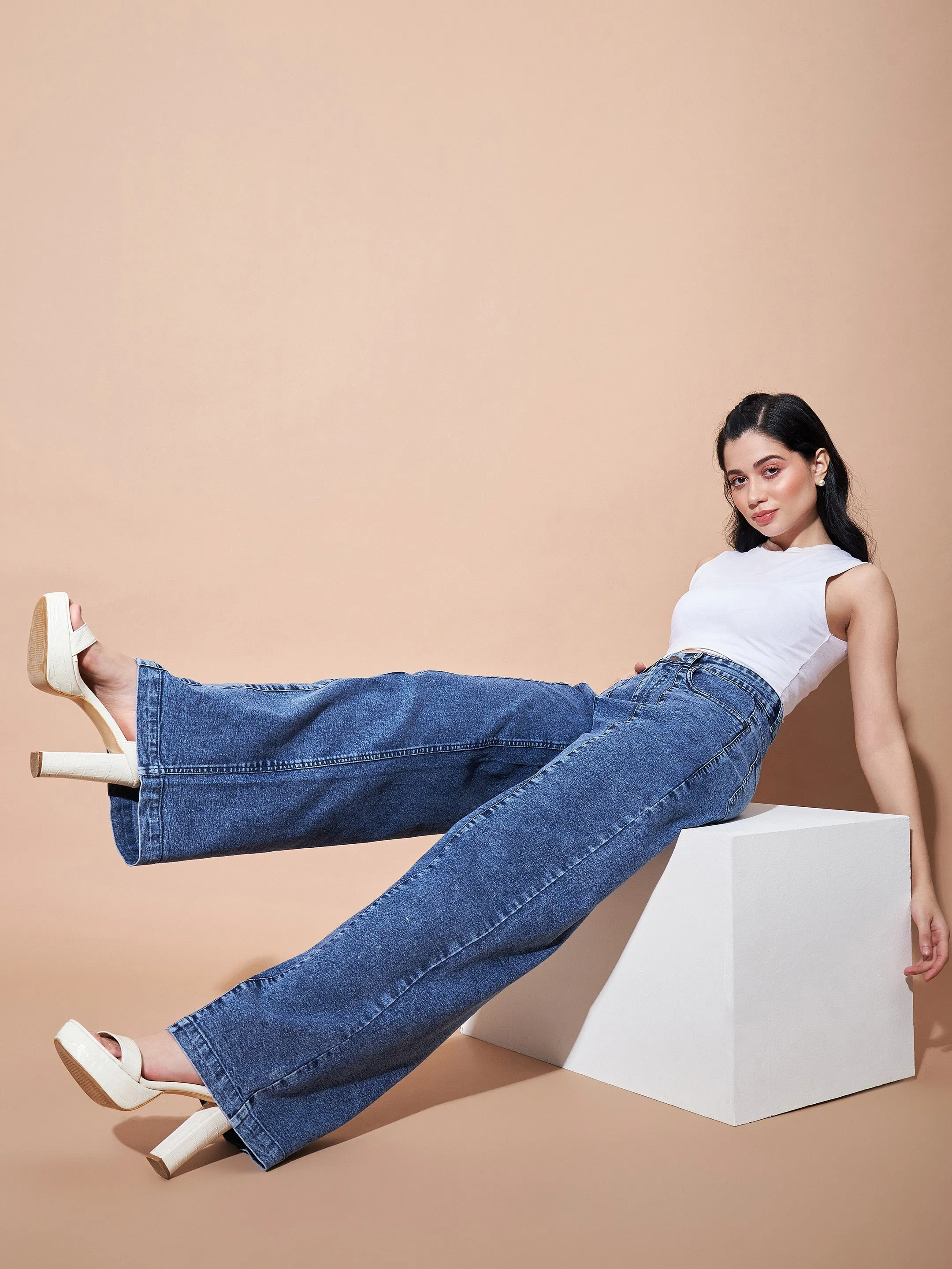 Women Blue High Waist Seam Detail Straight Jeans