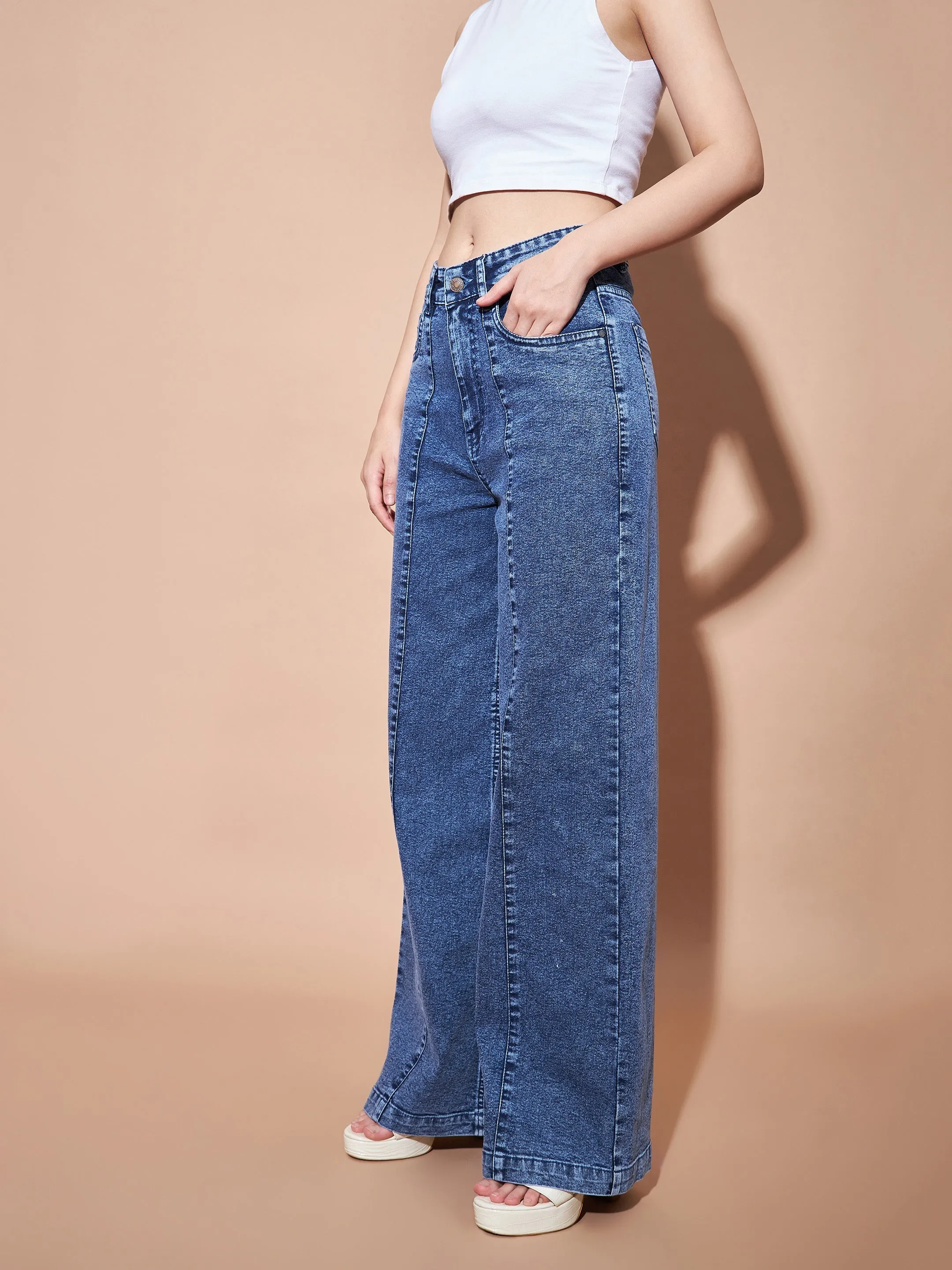 Women Blue High Waist Seam Detail Straight Jeans