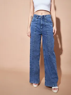 Women Blue High Waist Seam Detail Straight Jeans