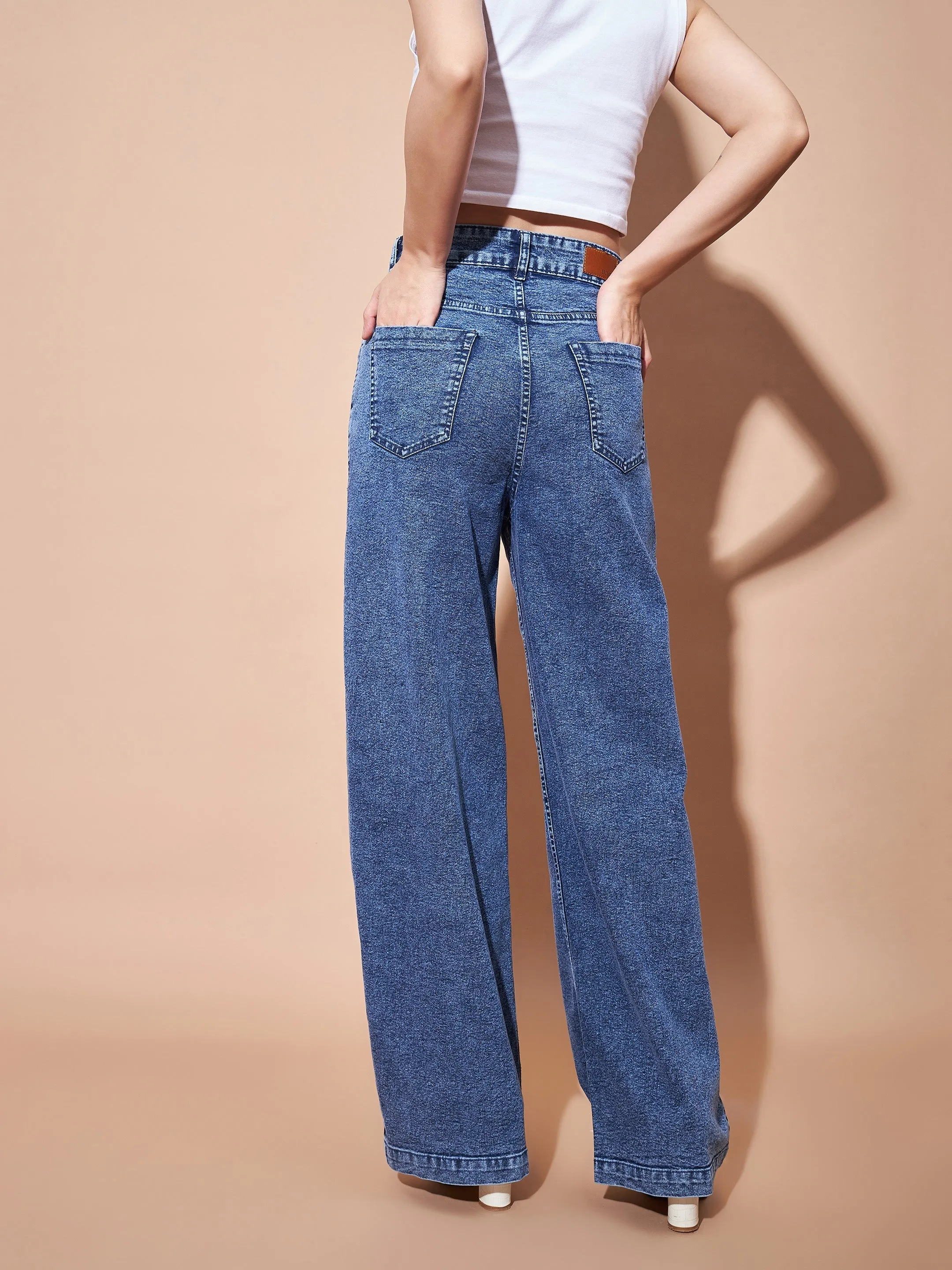 Women Blue High Waist Seam Detail Straight Jeans