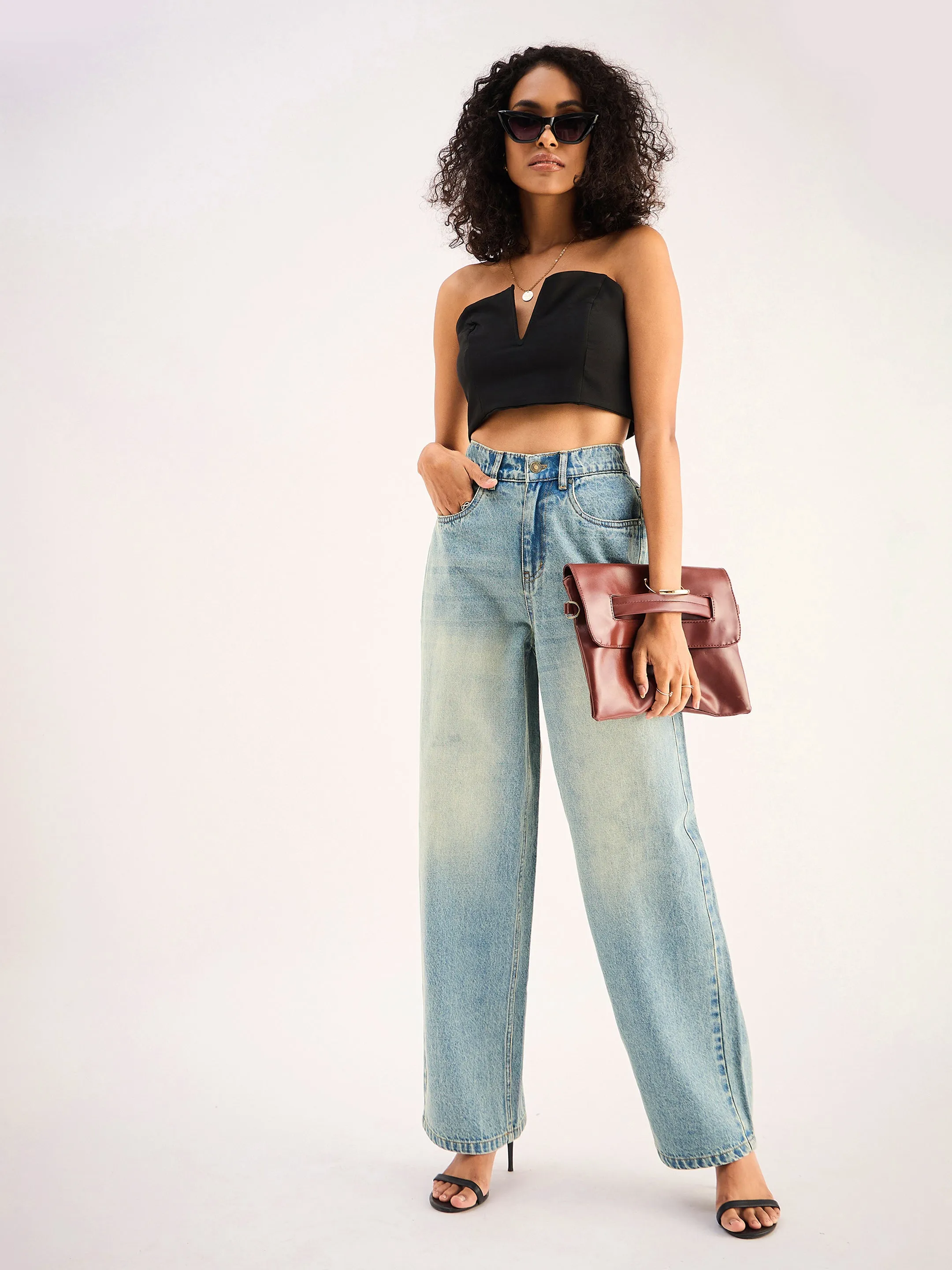 Women Blue Whisker Faded Wide Leg Jeans