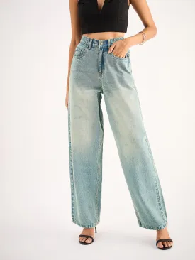 Women Blue Whisker Faded Wide Leg Jeans