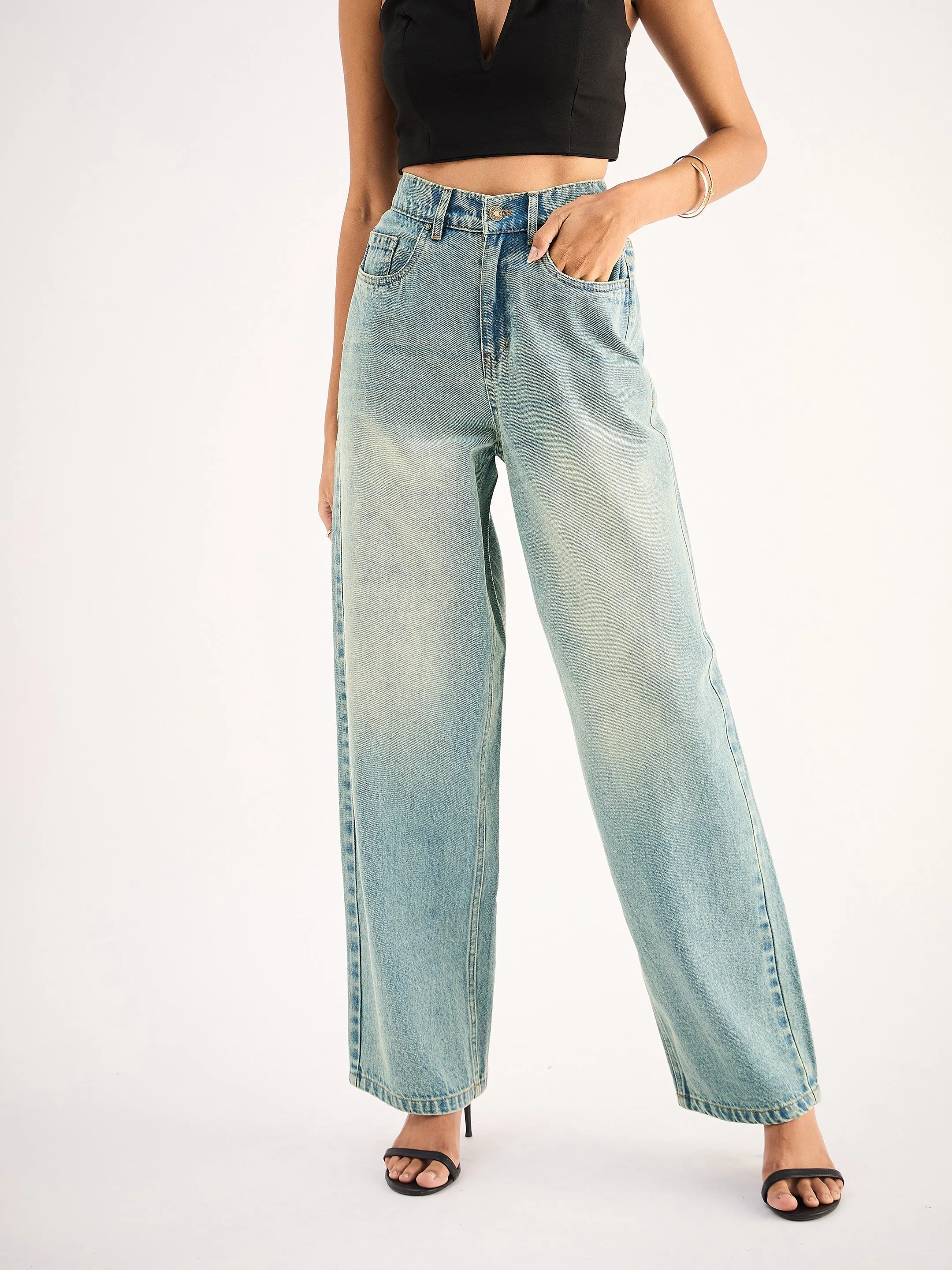 Women Blue Whisker Faded Wide Leg Jeans