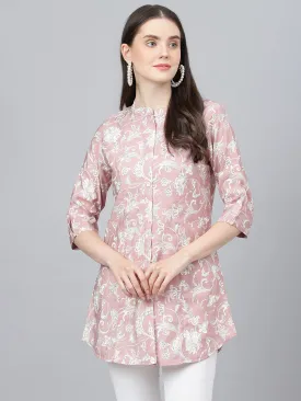 Women Dusty Pink Floral Printed Modal A-Line Shirts Style Top